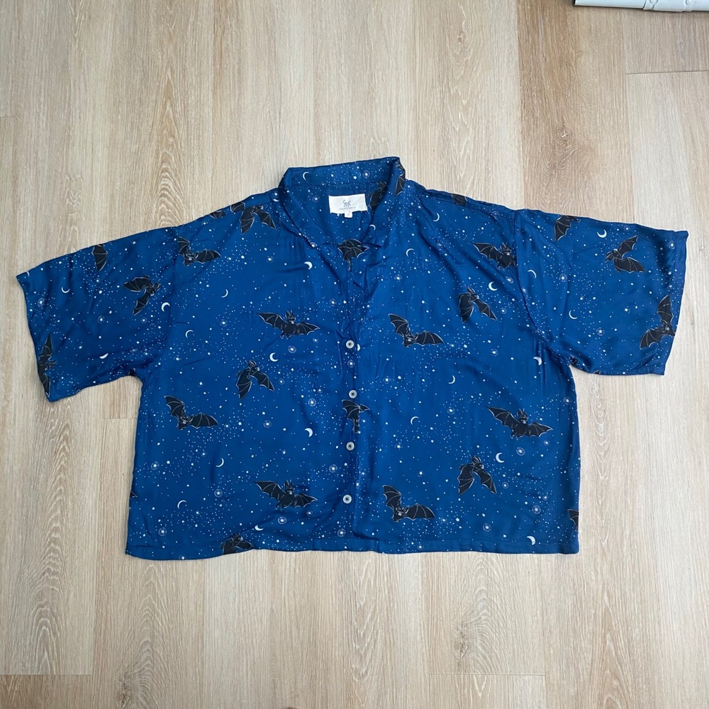 Printfresh Blue Celestial Bat Print Viscose Button Down pajama top Womens 2X
